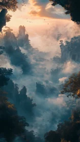 Sunrise mist drifts through towering fantasy stone peaks