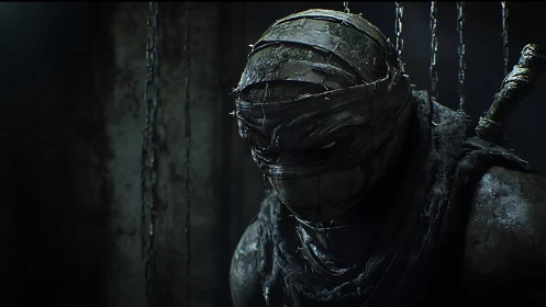 Shrouded warrior broods in chains and rusted midnight gloom.