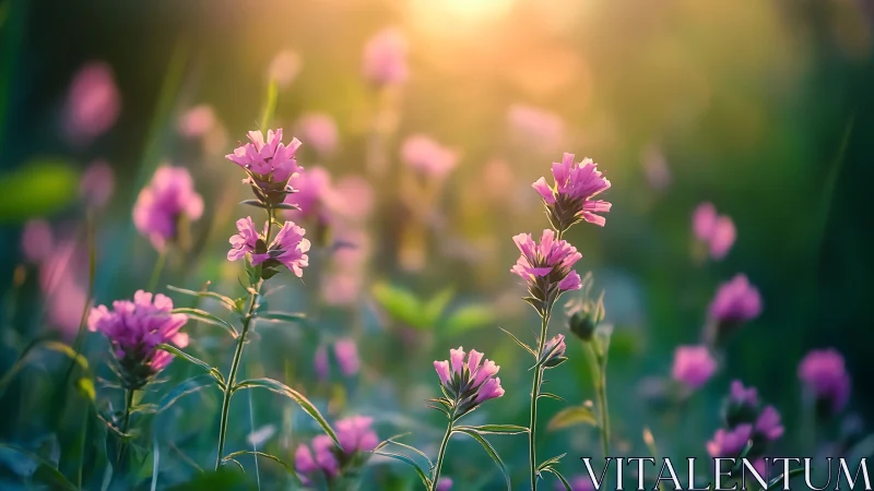 Soft pink wildflowers glowing in gentle golden sunlight.