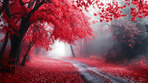 Crimson forest road curves through dense misted canopy.