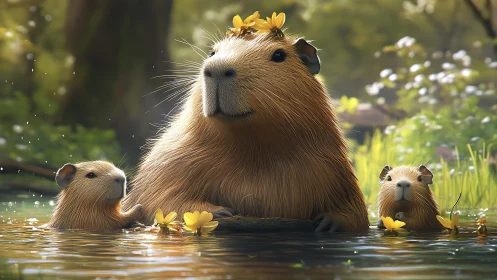 High-detail 3D capybara family rendered in shallow sunlit water