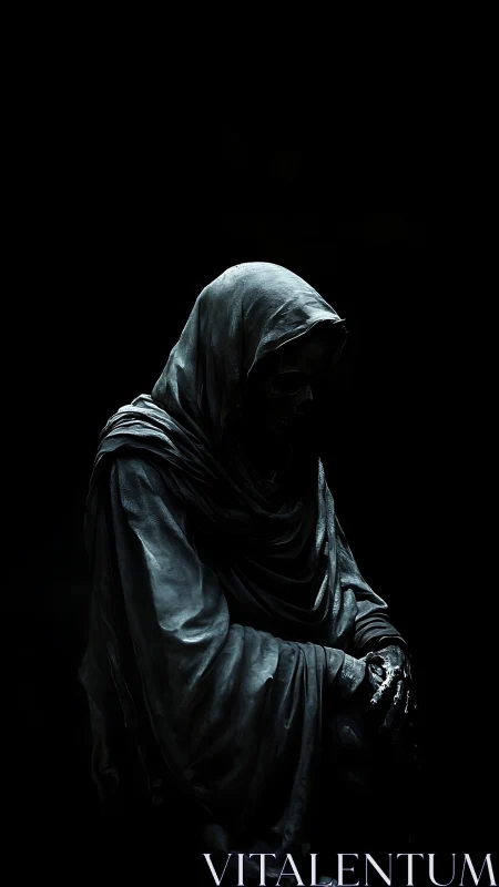 Hooded skeletal reaper emerges from darkness in eerie calm