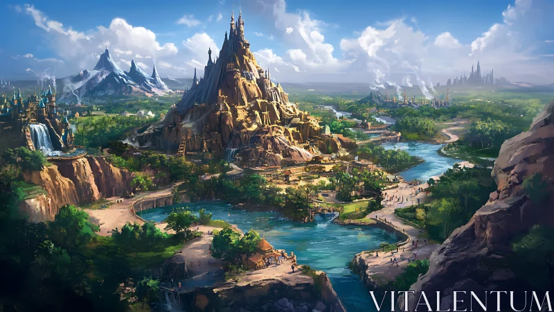 Fantasy landscape illustrates tiered mountain city and rivers