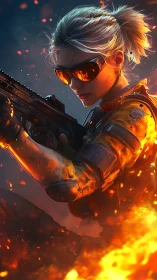 Calm hero in blazing armor holding steady in the firestorm.