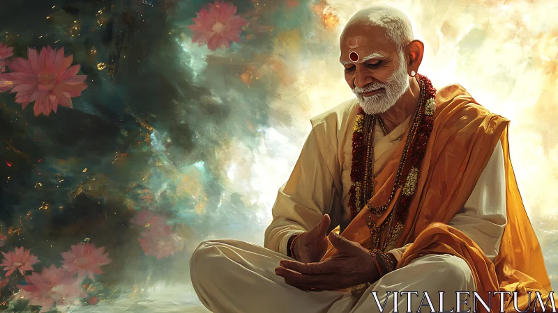 Digital painting of serene guru in lotus-lit ethereal space.