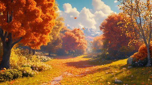 Sunlit forest path curves through vivid autumn foliage