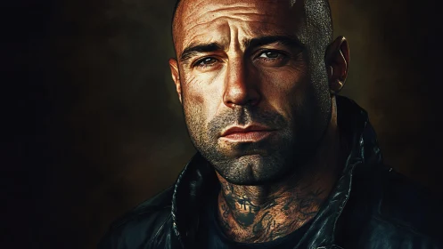 Weathered gaze of a strong man in dramatic warm light.