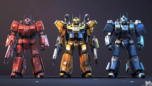 Three colored combat mechs in frontal studio-style lineup.