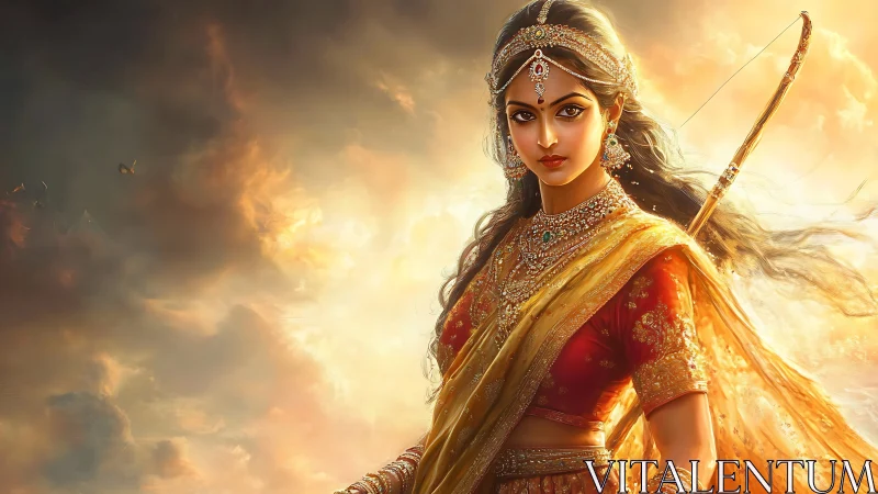 Warrior princess stands radiant in golden stormlight.