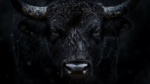 Low key frontal portrait of wet black bull with curved horns