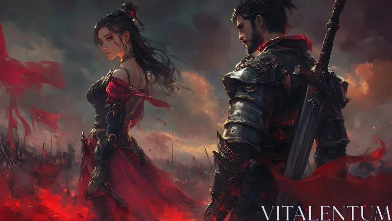 Battlefield couple in ornate armor amid red banners.