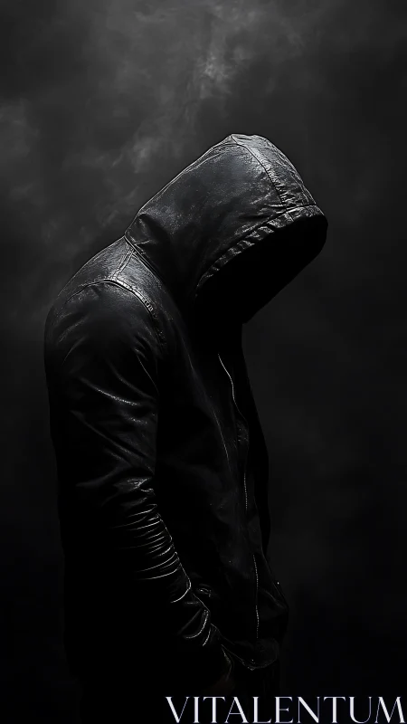 Hooded figure in low key lighting with obscured identity profile.