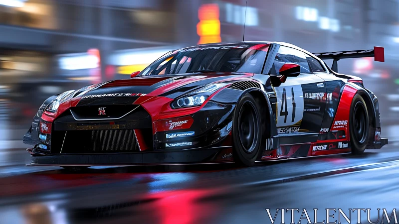 Red and black GT race car speeding through neon city streets.