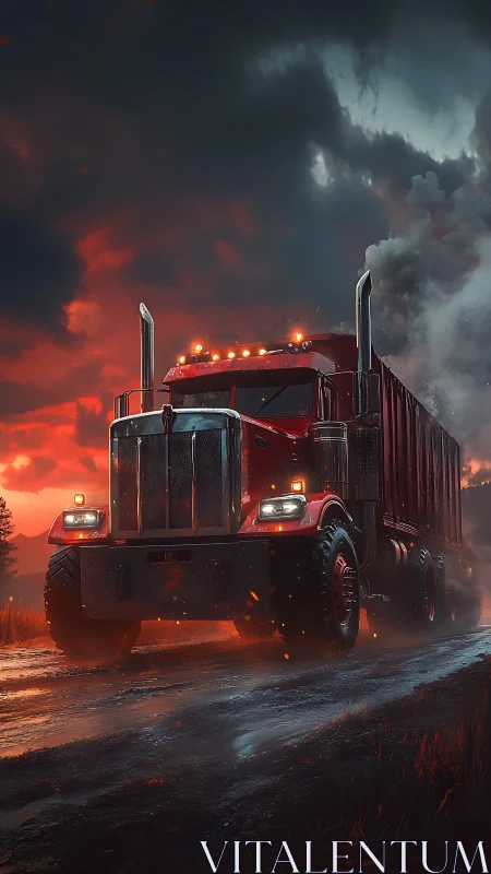 Red semi truck powers through stormy road at sunset
