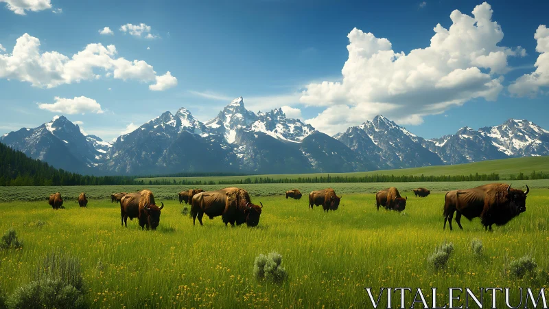 Wild bison herd grazing beneath dramatic alpine peaks.