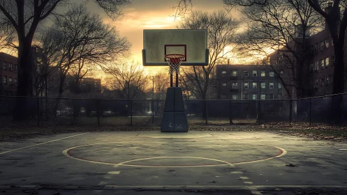 Urban outdoor basketball court at quiet sunset light.