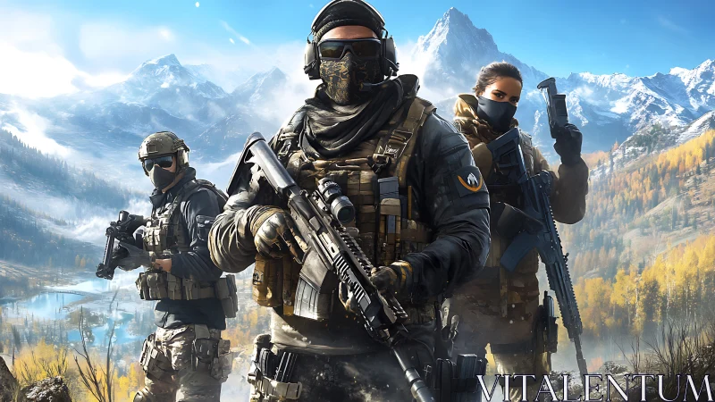 Elite tactical squad advances through icy mountain valley