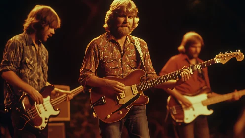 Vintage rock trio performing under warm stage tungsten lighting