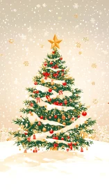 Snowy Christmas tree glows warmly in a golden twilight snowfall