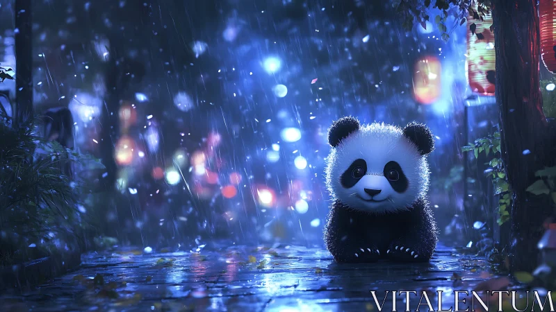 Luminescent rain-slick alley frames stylized panda at night