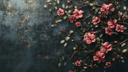 Coral blossoms cascade across distressed teal surface with metallic patina.