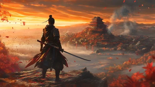 Samurai observes fortified mountain city at vivid sunset sky