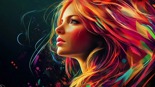 Digital portrait profile of woman with neon flowing hair stream