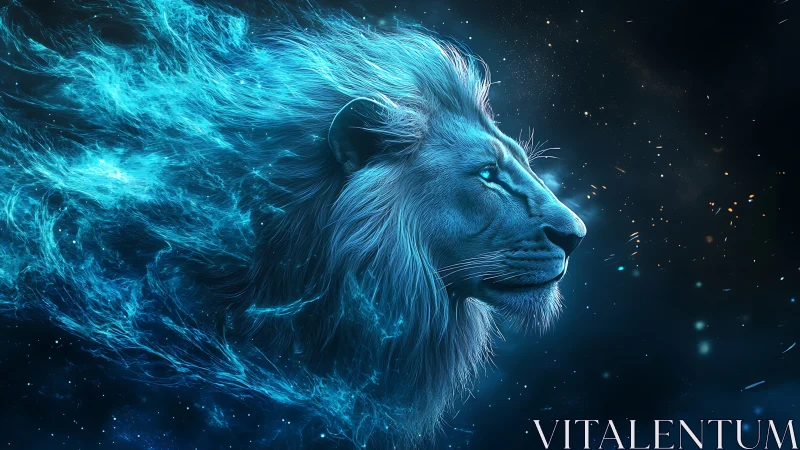 Glowing blue lion head rendered in cosmic energy profile