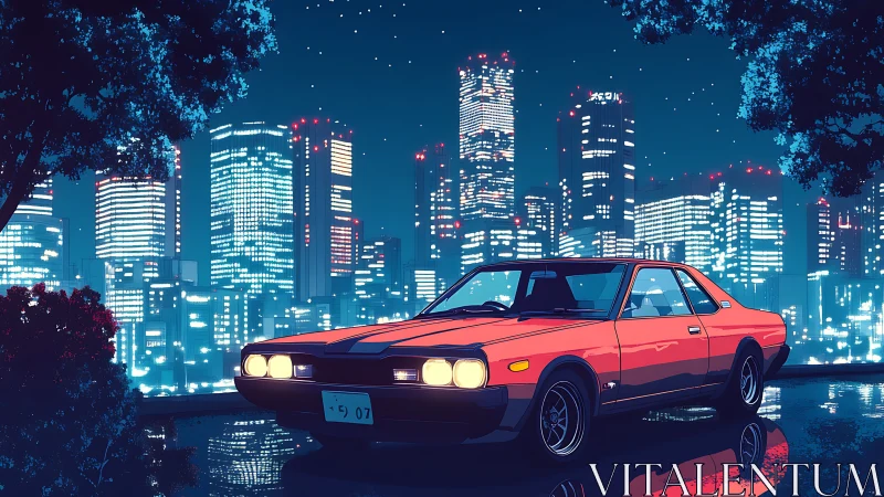 Red retro coupe parked before neon blue city skyline.