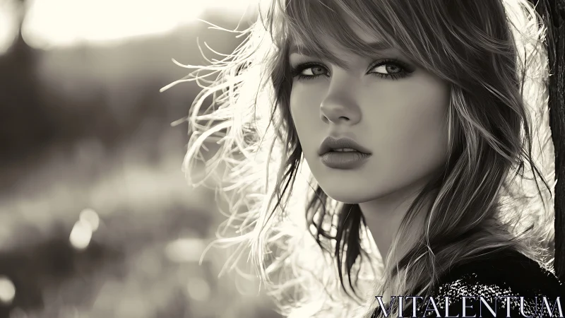 Monochrome close portrait of young woman in backlit field