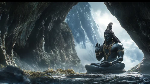 Divine blue figure meditates in misty mountain cavern space.