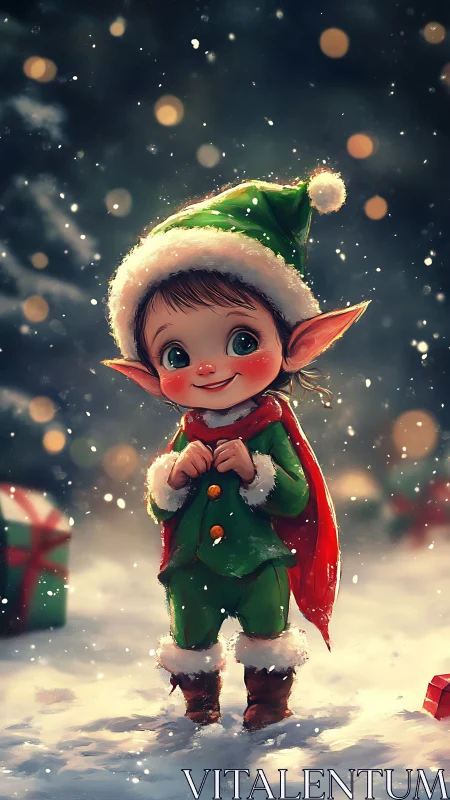 Whimsical winter elf portrait in high-detail digital rendering.
