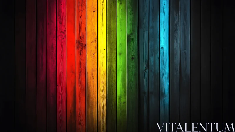 Vertical rainbow wooden planks with dark vignette edges.