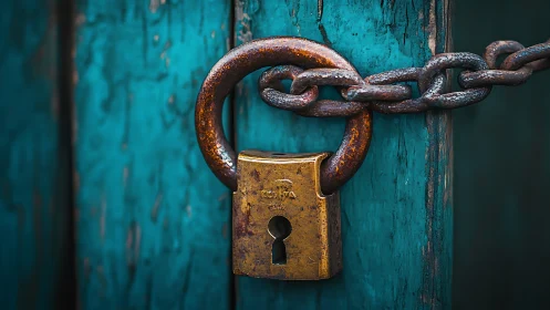 Weathered brass padlock on rusty chain against teal wood.
