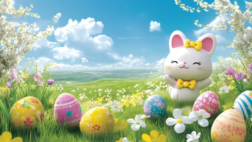 Smiling Easter bunny celebrates spring in a sunny meadow