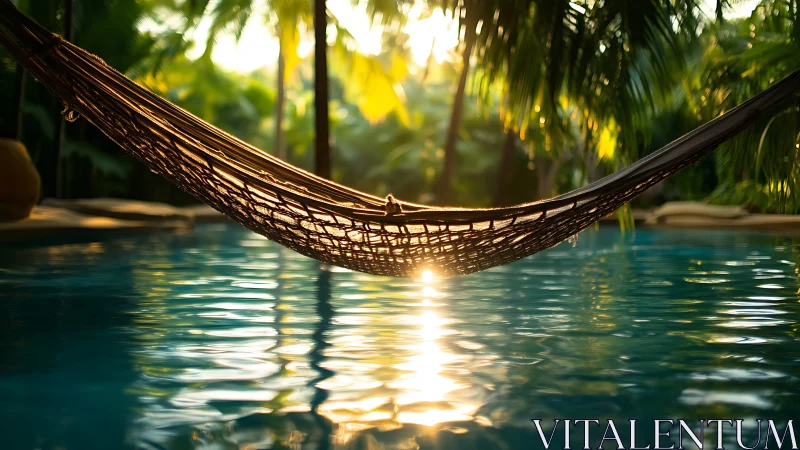 Tropical hammock drifts above a pool at golden sunset.