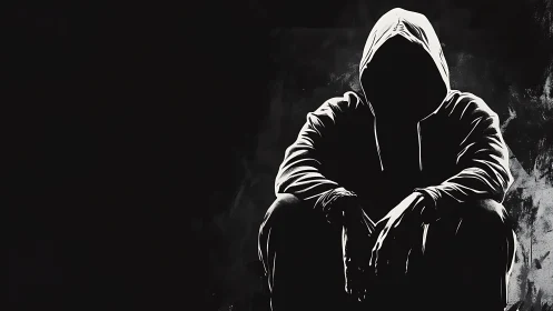 Silhouetted hooded figure seated in high contrast lighting.