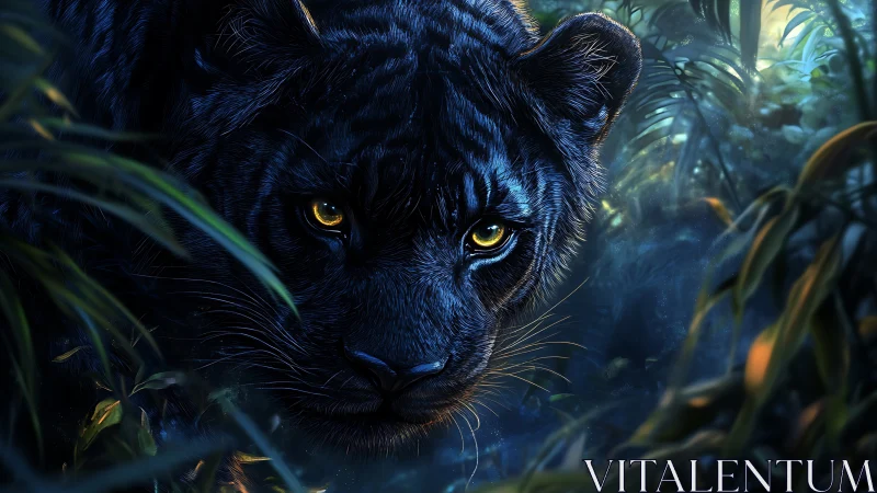 Black Panther's Golden Gaze Through Jungle Vines.