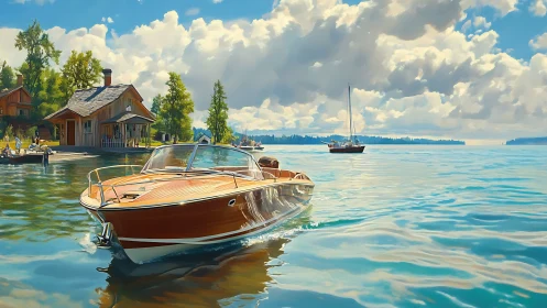 Classic wooden speedboat glides across a tranquil summer lake