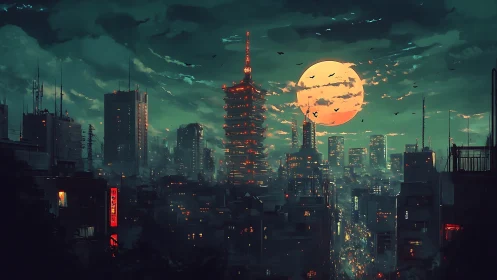 Moody cyberpunk city glowing beneath a dreamy orange moon.