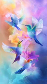 Hummingbirds in multicolored cloudlike floral backdrop.