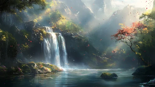 Whispering waterfalls stitch silver light through misty ravine