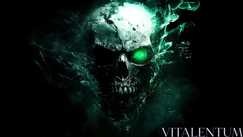 Glowing emerald cyber skull in dissolving vaporized fragments