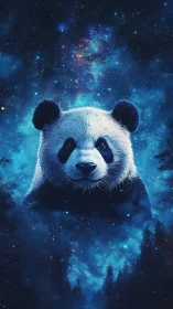 Panda portrait integrated into deep blue cosmic forest scene.