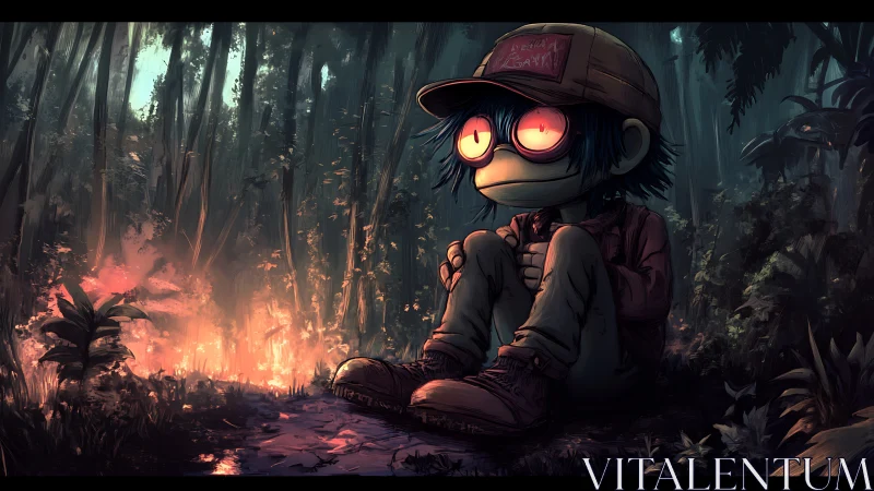 Forest child watches distant fire with glowing haunted eyes.