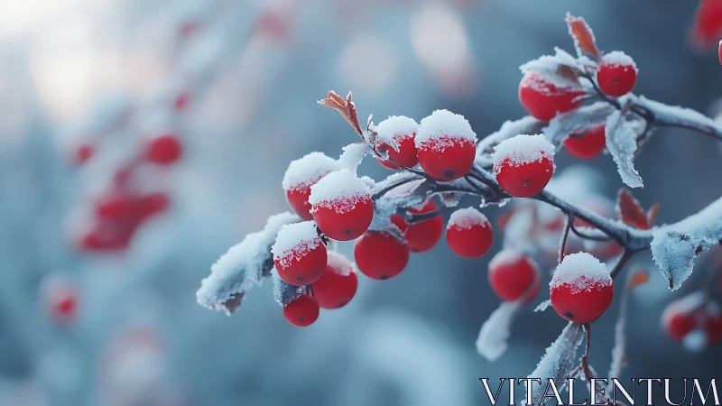 Snow-dusted red berries arranged on frosted winter branches