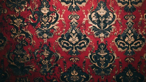 Ornate black damask pattern over distressed red wall.