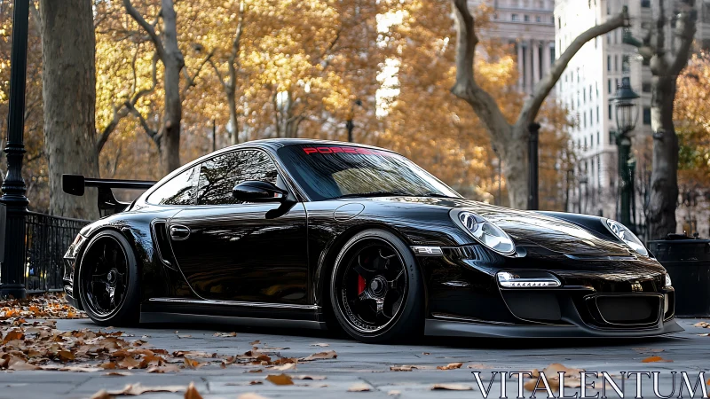 Photorealistic widebody sports car in autumn city streetscape.