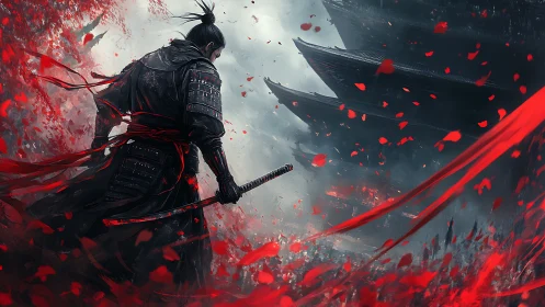 Samurai warrior amid crimson storm before shadowed temple.