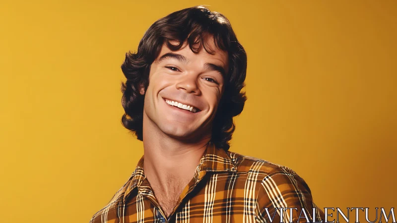 Retro studio portrait of smiling man in yellow plaid shirt